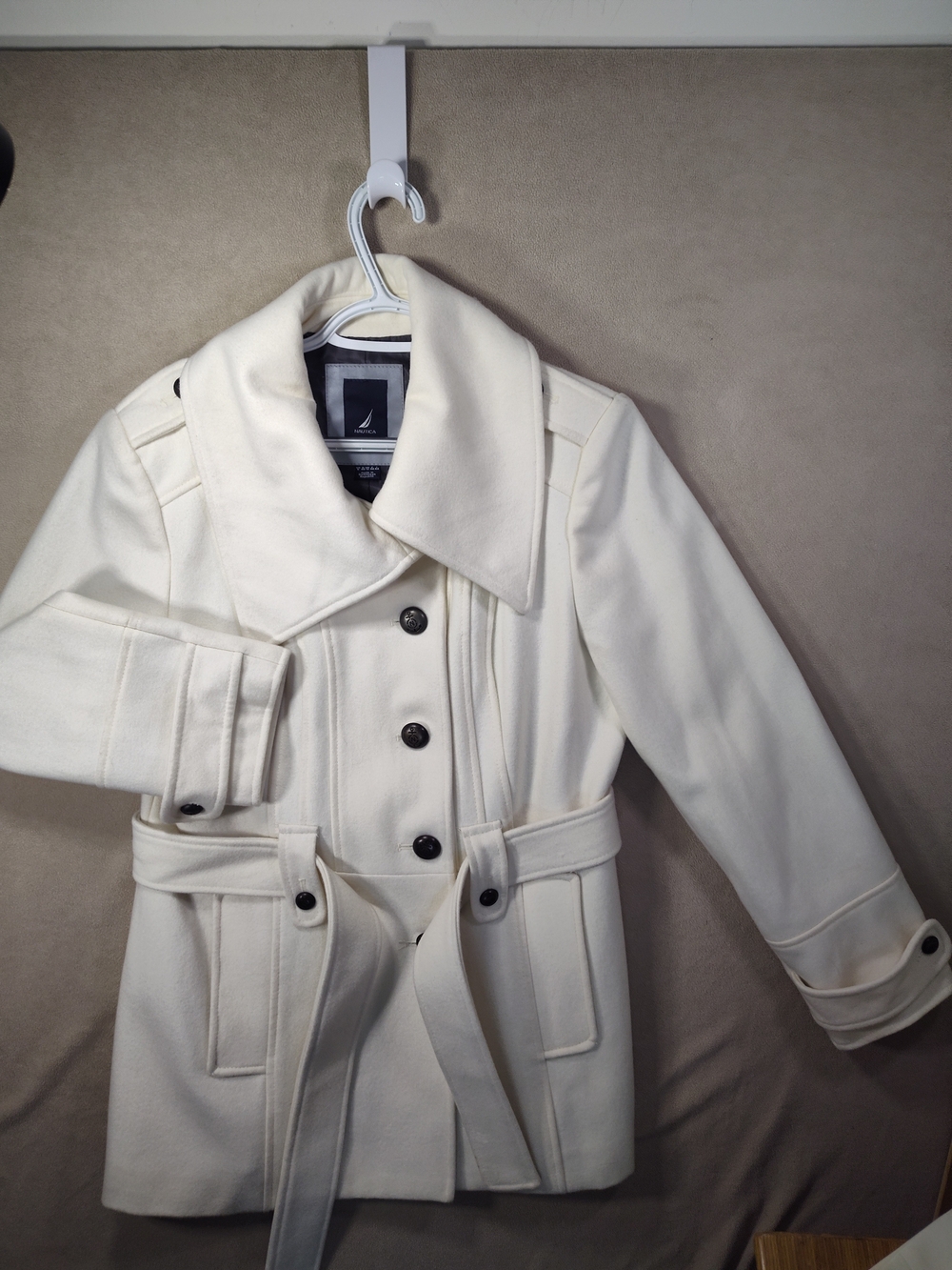 Nautica Cream Double-Breasted Belted Pea Coat